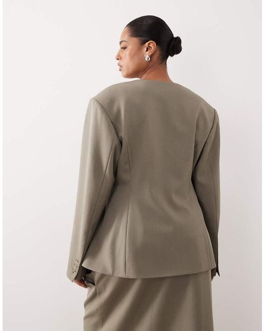 ARRANGE Brown Curve Cinched Collarless Pleated Wrap Blazer