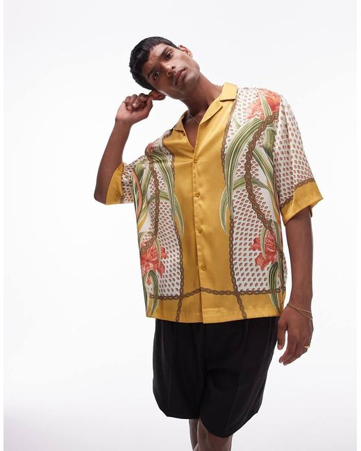 Topman Multicolor Short Sleeve Botanical Border Print Satin Shirt for men