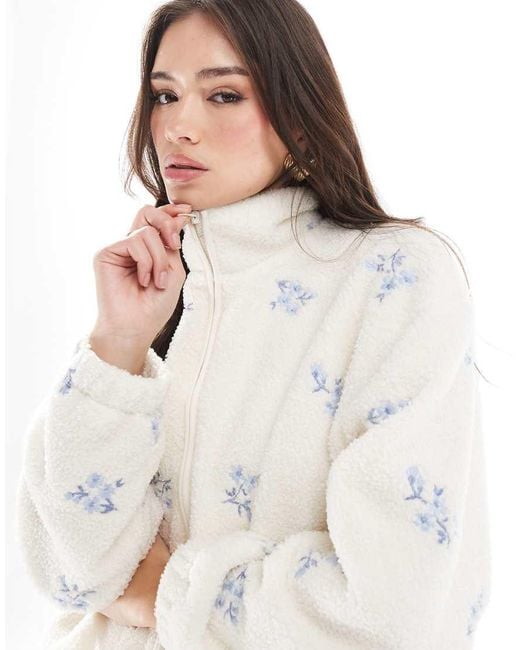 Hollister White Embroidered Sherpa Lined Fleece Jacket