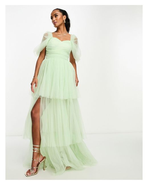 LACE & BEADS Green Exclusive Off Shoulder High Low Tulle Maxi Dress