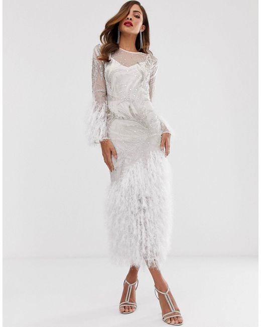 ASOS White Embellished Showgirl Midi Dress With Faux Feathers