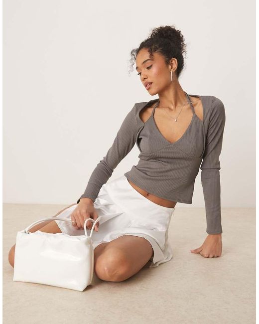 ASOS Gray Rib Halter Neck Long Sleeve Top