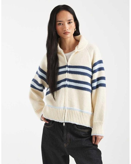 Kiwi & Co White Hooded Detail Zip Through Striped Front Cardigan