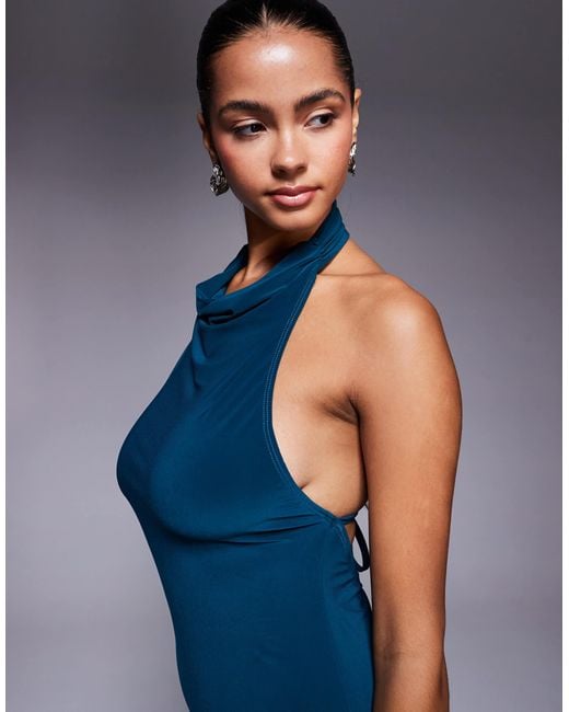 ASOS Blue Halter Draped Maxi Dress With Open Back