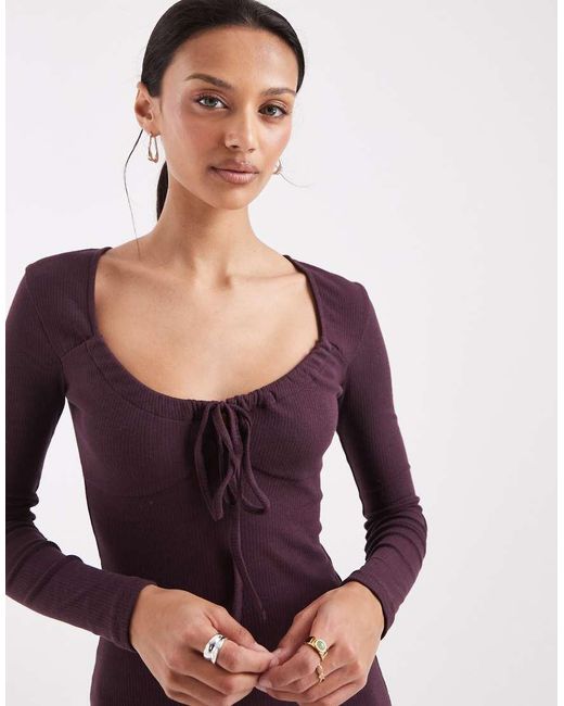 Brave Soul Purple Long Sleeve Jersey Mini Dress With Tie Front Detail