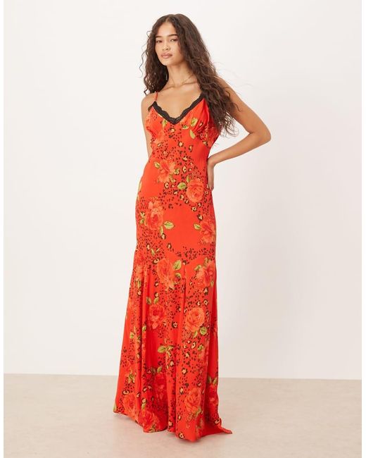 Never Fully Dressed Red Lace Trim Slip Maxi Dress