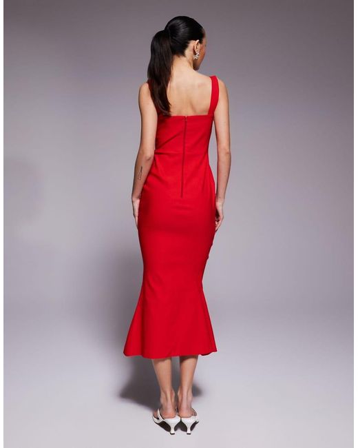 Vesper Petite Red Bengaline Sleeveless Square Neck Fishtail Midi Dress