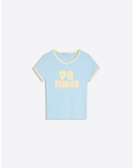 Bershka Blue Short Sleeve Contrast Print T-shirt
