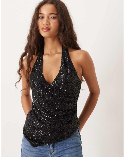 Gina Tricot Black Sequin Halterneck Top