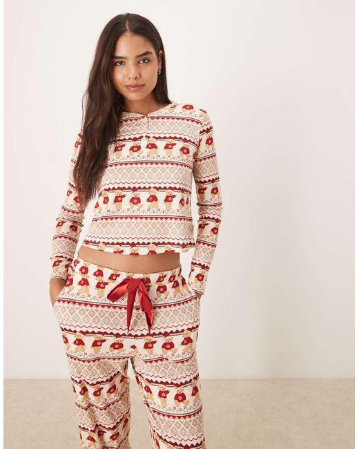 Chelsea Peers Pink Christmas Teddy Fairisle Henley And Trouser Pyjama Set