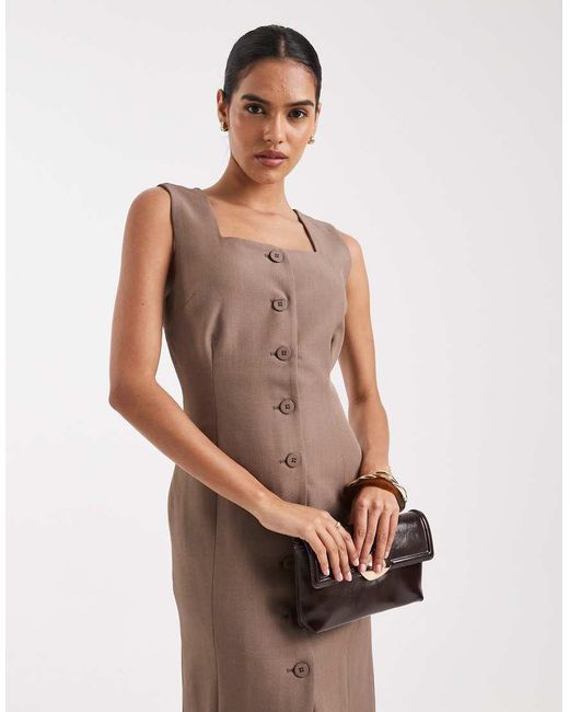 Vero Moda Natural Square Neck Button Front Tailored Midi Dress