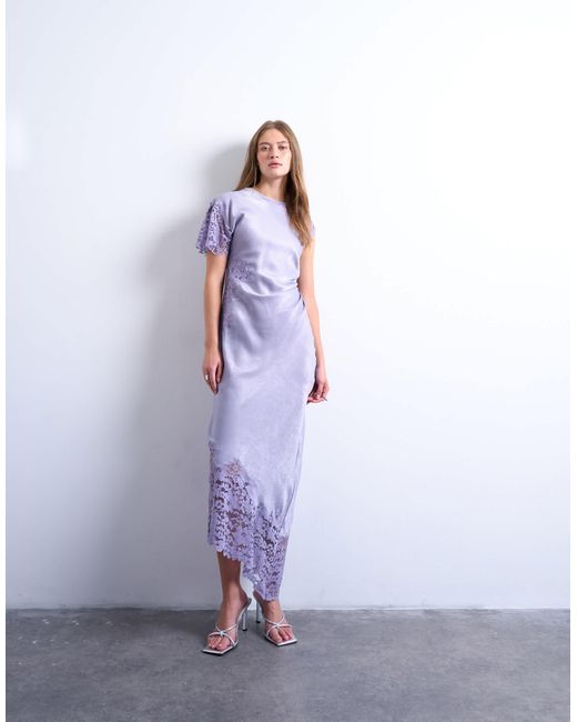 Robe mi-longue avec empiècements en dentelle et mancherons - lilas foncé TOPSHOP en coloris Purple