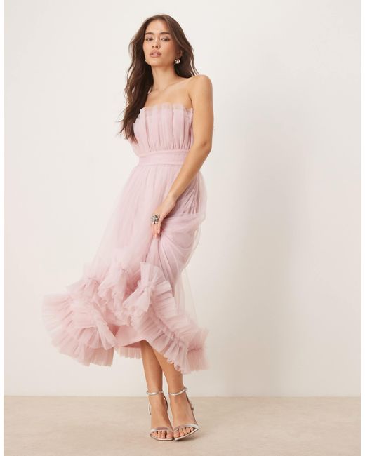 LACE & BEADS Pink Bandeau Ruffle Hem Tulle Midaxi Dress