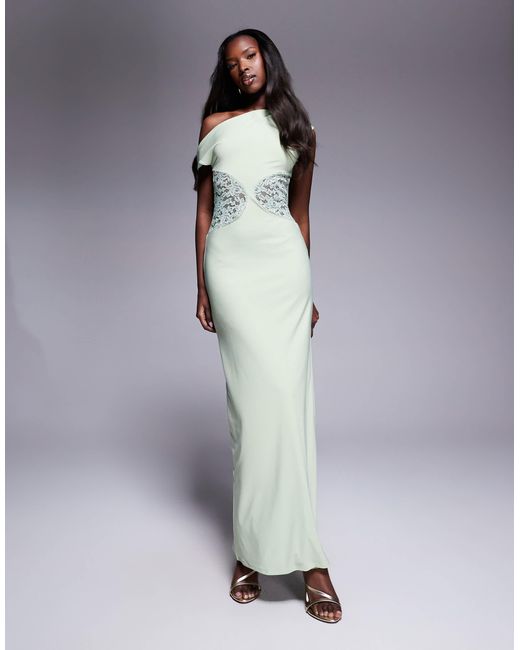 ASOS Gray Off The Shoulder Sleeveless Lace Inserts Maxi Dress