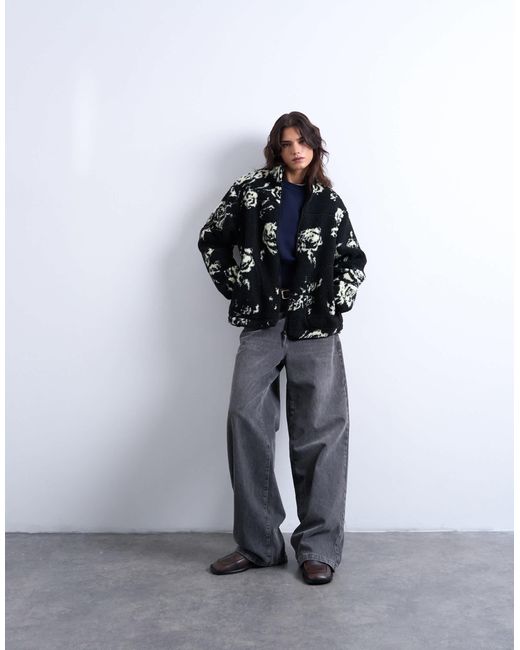 TOPSHOP Blue – fleecejacke aus teddyfell mit blumenmuster