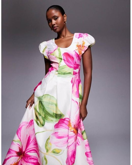 Forever New Pink Scoop Neck Puff Sleeve Panelled Seam Midi Dress