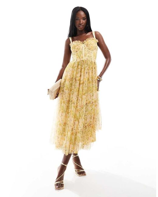 LACE & BEADS Metallic Corset Midi Dress