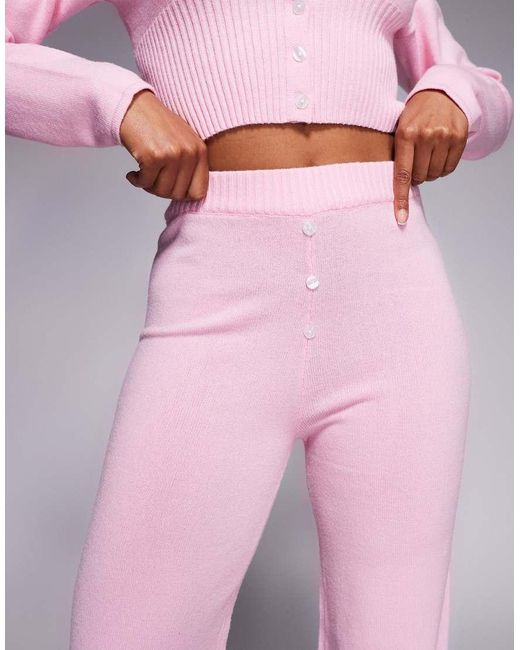 Aria Cove Pink Knitted Boxer Style Button Detail Wide Leg Trouser Co-ord