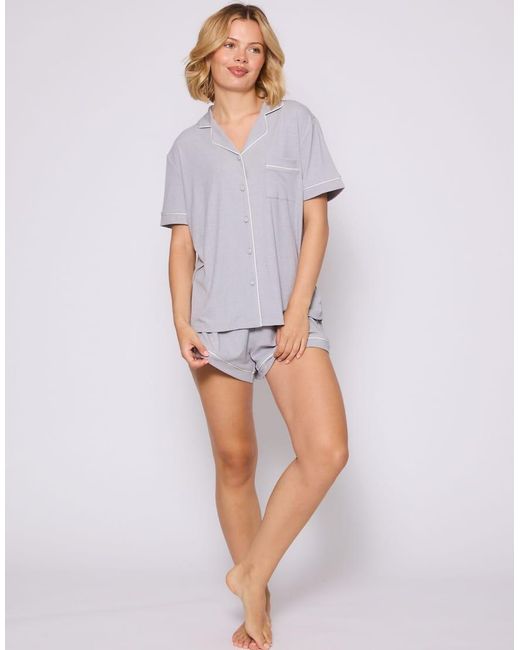 Loungeable White Rib Short Sleeve Traditional Shirt And Shorts