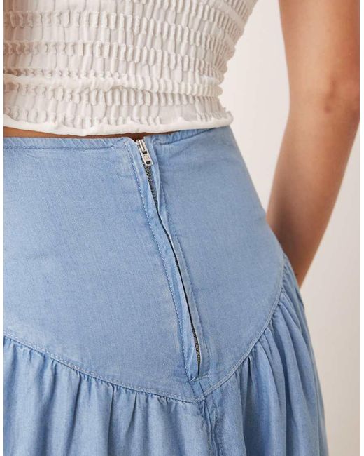 Mango Blue Drop Waist Gathered Detail Midi Skirt