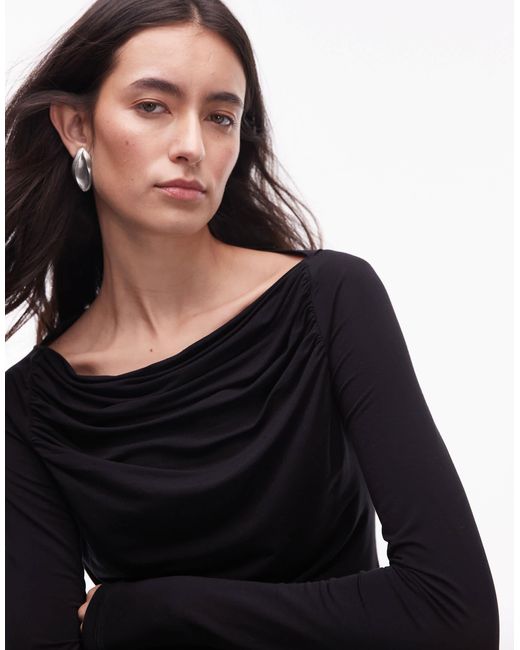 & Other Stories Black Supersoft Jersey Ruche Boat Neck Top With Long Sleeves