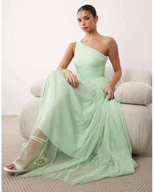 LACE & BEADS Green Bridesmaid Tulle One Shoulder Fitted Waist Maxi Dress