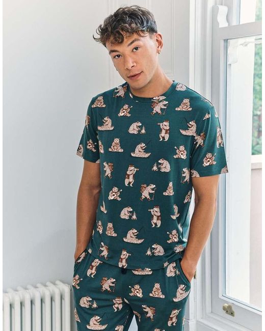 Chelsea Peers Blue Wilderness Bear Print Long Pyjama Set for men