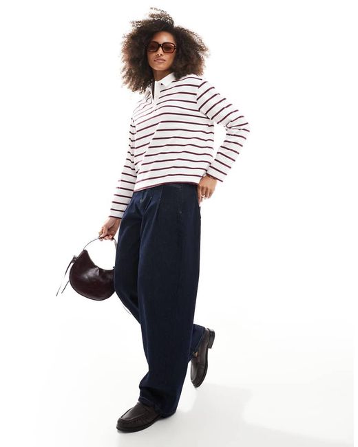 ONLY White Stripe Long Sleeve Polo