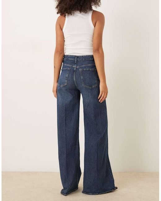 Mango Blue Elise Cotton Mix Pleat Front Wide Leg Jean
