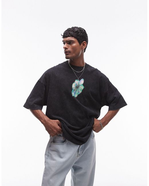 T-shirt ultra oversize avec imprimé fleurs flou sur le devant et au dos - délavé Topman pour homme en coloris Black