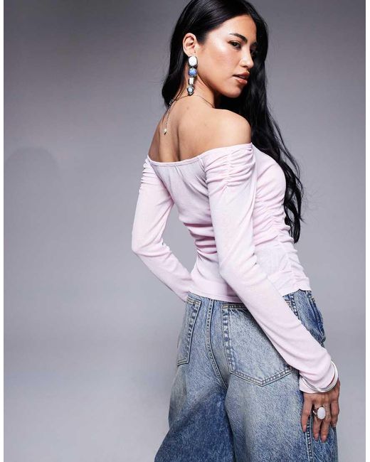 ASOS White Off Shoulder Ruched Long Sleeve Top