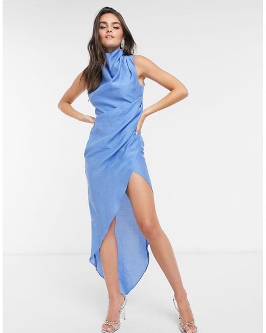 ASOS Cowl Neck Drape Detail Dress With Open Back in Blue