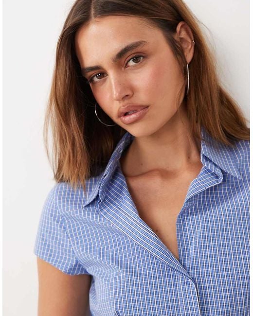 Mango Blue Starring Hailey Bieber Gigi Cinched Waist Short Sleeve Shirt