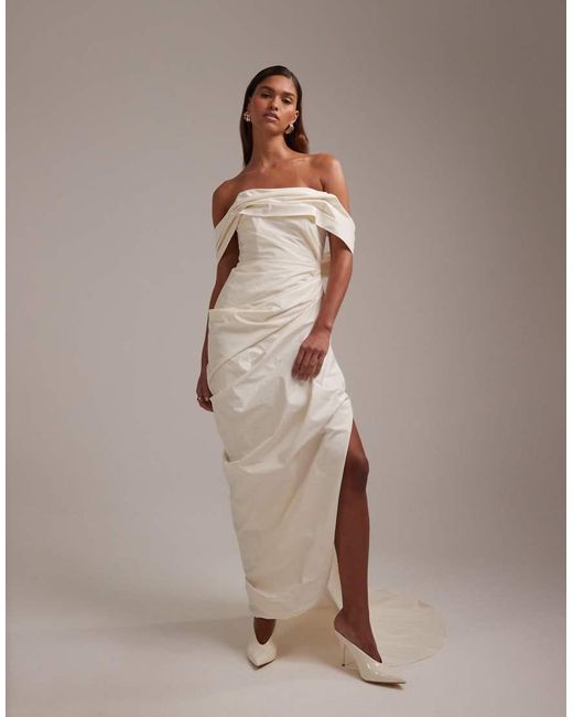 ASOS Brown Taffeta Draped Bardot Tie Back Maxi Wedding Dress
