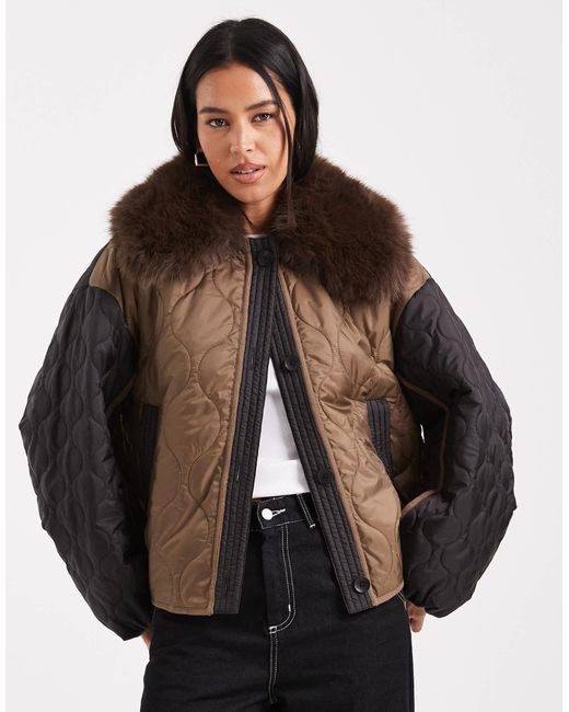 ASOS Brown Quilted Hybrid Teddy Collarless Jacket With Pink Lining