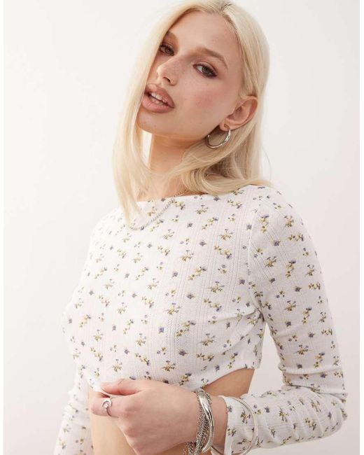 Collusion White Floral Pointelle Micro Crop Top