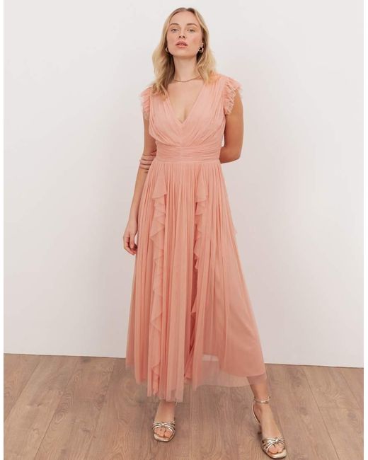 ANAYA Pink V Neck Waterfall Ruffle Sleeveless Midaxi Dress