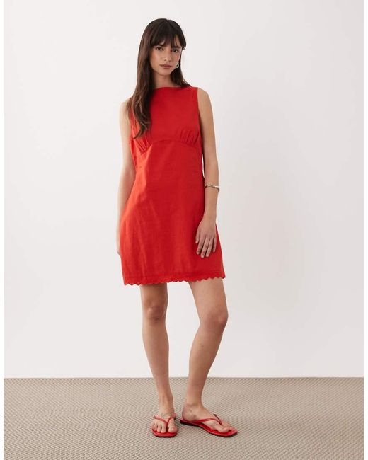 ASOS Red Slash Neck Mini Sundress With Sculpted Bust And Broderie Hem