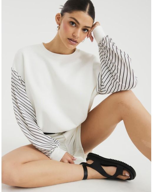 River Island White Stripe Hybrid Sleeve Sweatshirt