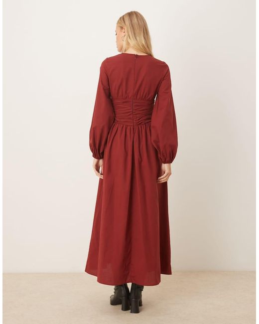 Vestido Largo Con Cuello Redondo, Cintura Fruncida Y Mangas Voluminosas De Popelina De -Rojo ASOS