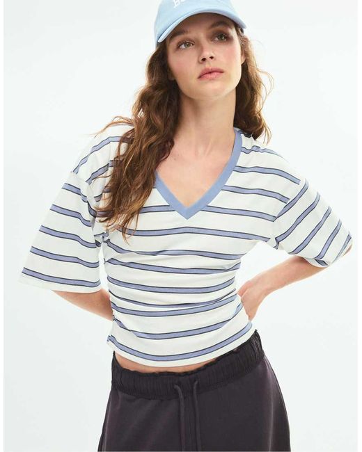 Stradivarius Blue Striped V-neck Kimono Sleeve T-shirt
