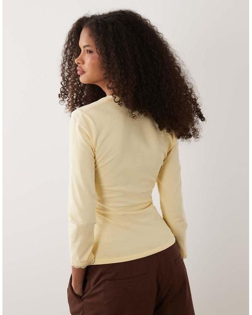 ASOS Brown 3/4 Sleeve Square Neck Top With Lace Hem