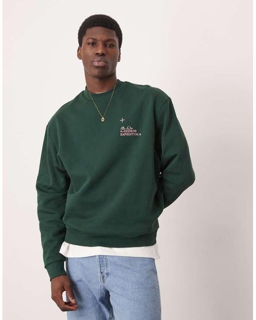 ASOS Green Oversized Sweatshirt With Chest Embroidery And Mountain Back Print for men