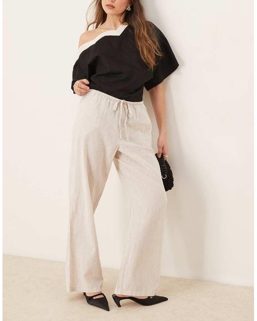 Gina Tricot Natural Wide Leg Linen Blend Trousers With Drawstring Waist