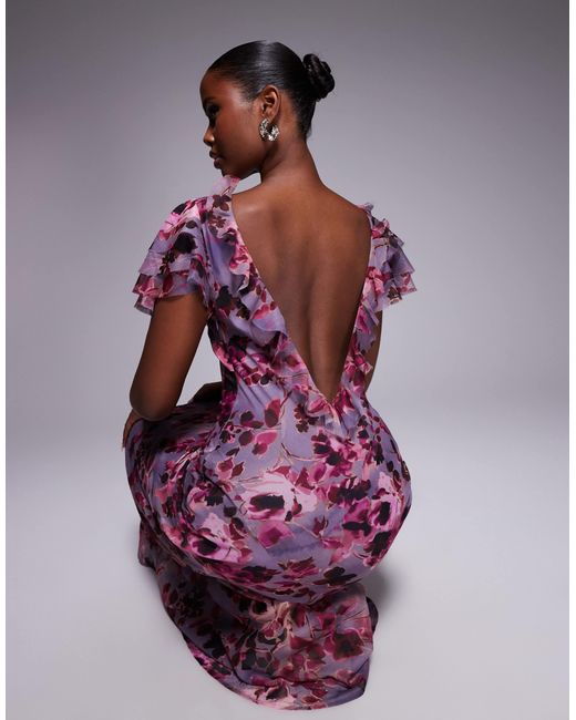 Robe longue à manches volantées et col montant avec imprimé floral vintage ASOS en coloris Purple