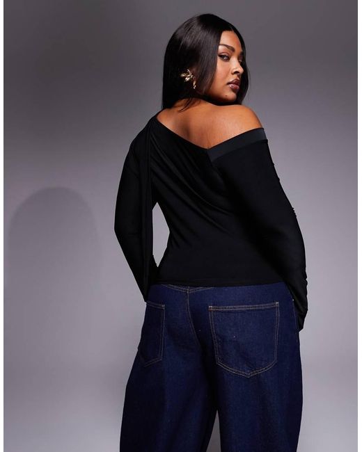 ASOS Blue Asos Design Curve Slinky Scarf Neck Off Shoulder Top With Flare Sleeves