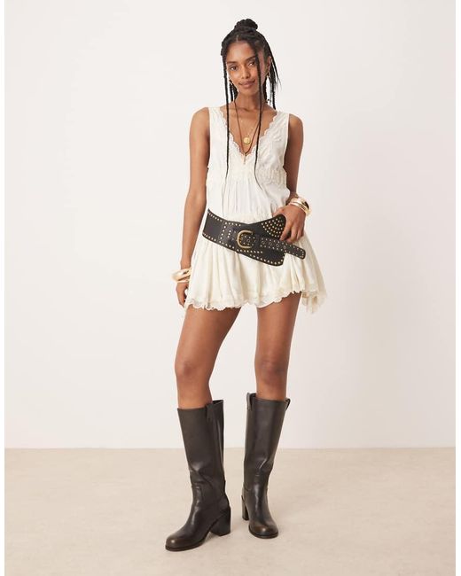 Free People Natural In This Groove Satin Mini Slip Dress In Ivory-white