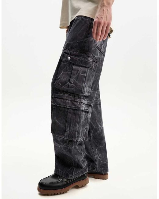 Bershka Black Acid Wash Multi-cargo baggy Trousers for men