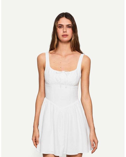 Bershka White Flared Mini Dress With Linen