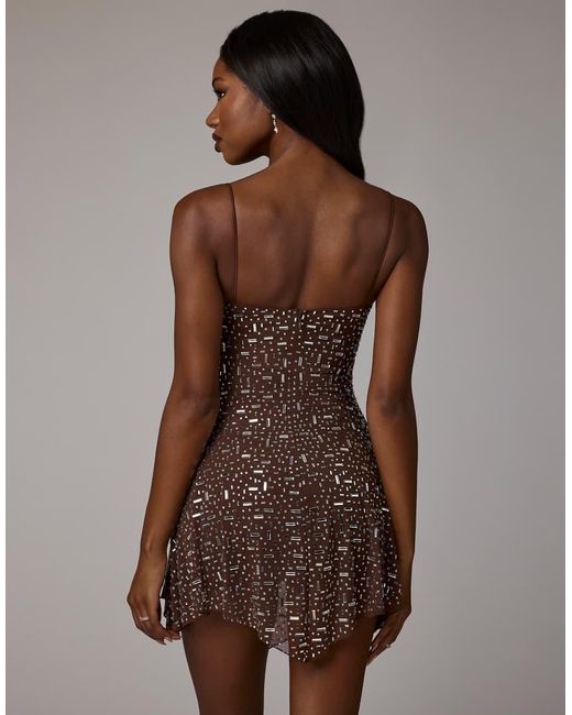Oh Polly Brown Hanky Hem Hot Fix Embellished Mini Dress